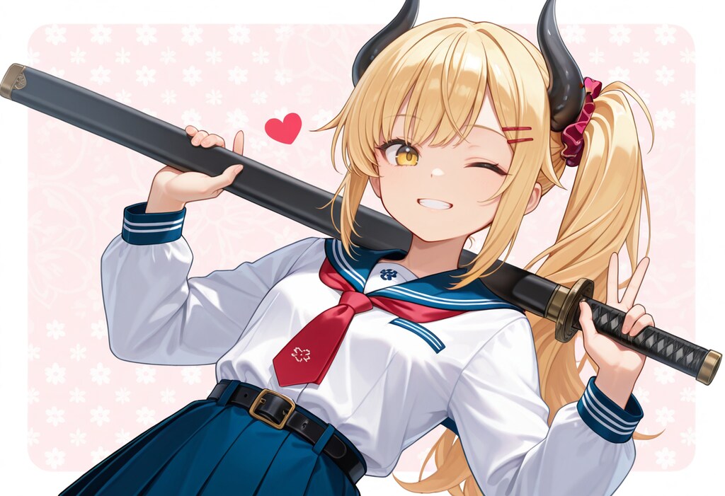 鞘に納めた刀を持つ女鬼高生さん