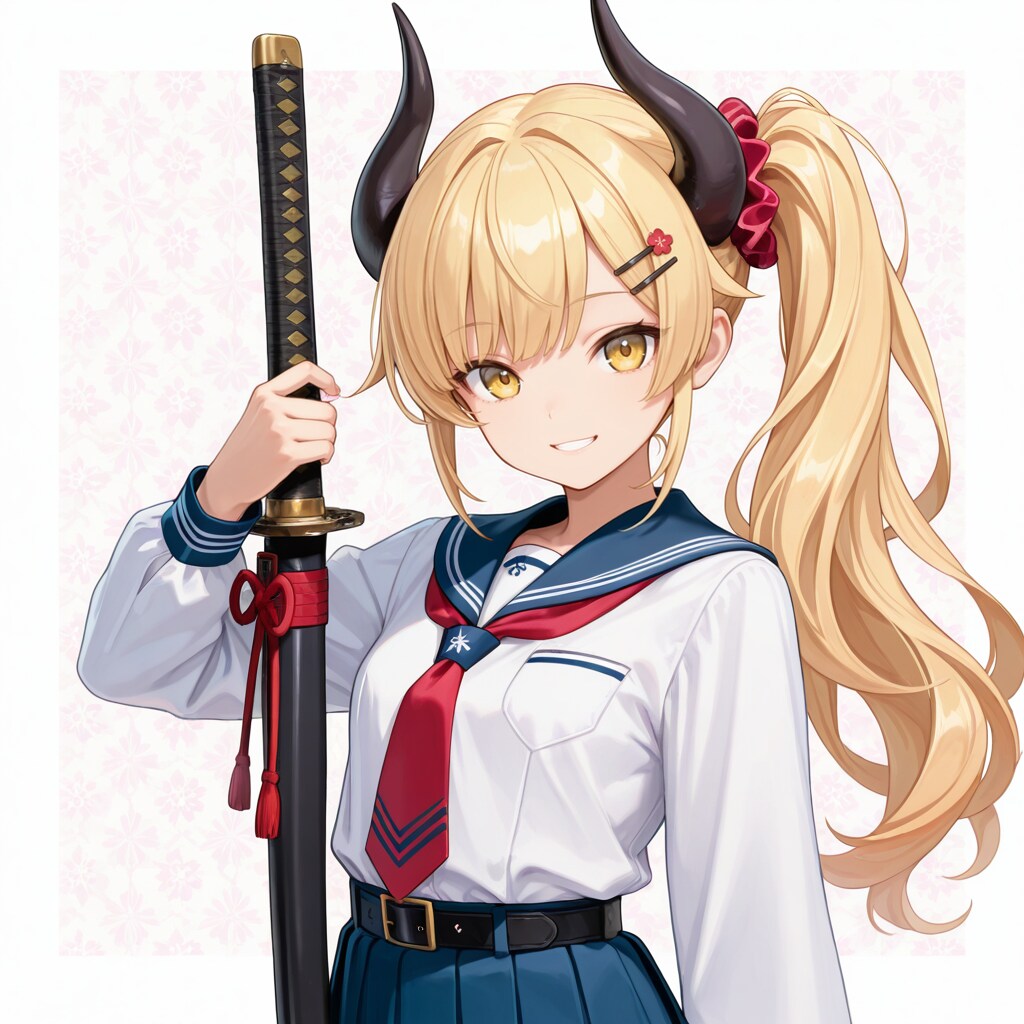 鞘に納めた刀を持つ女鬼高生さん