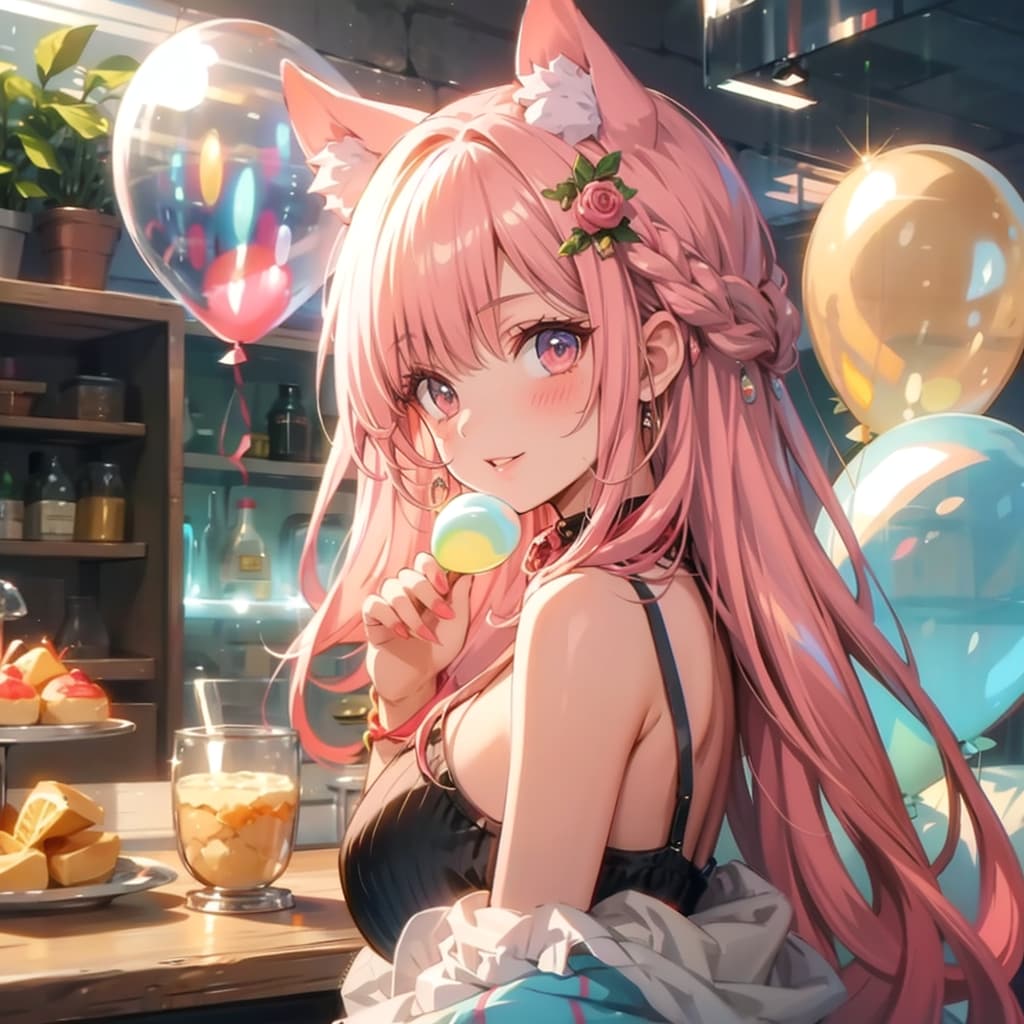 いっぱい風船を持つピンク髪ロングのケモミミ美女。 | の人気AIイラスト・グラビア