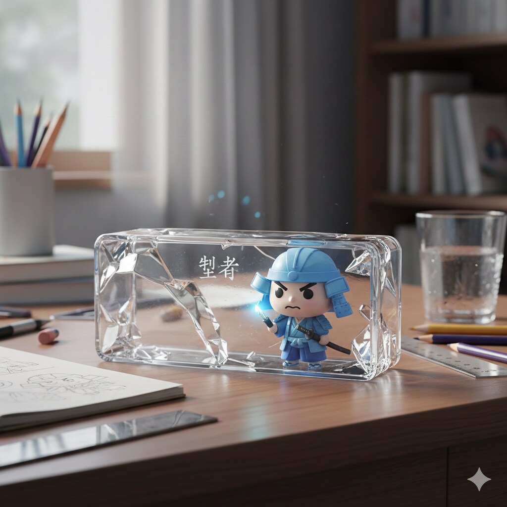 『机に置かれた透明な氷のようなペンケースの拙者。』