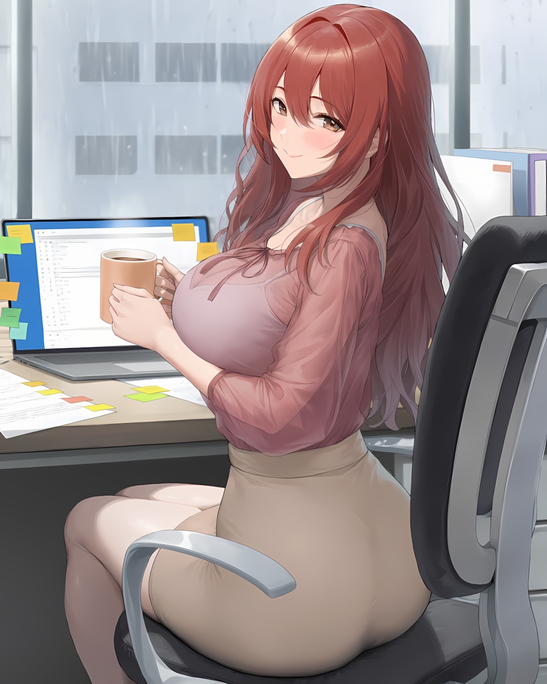 ☕雨の日のデスクワーク…マグ手に微笑むシアーブラウスOL✨ | の人気AIイラスト・グラビア