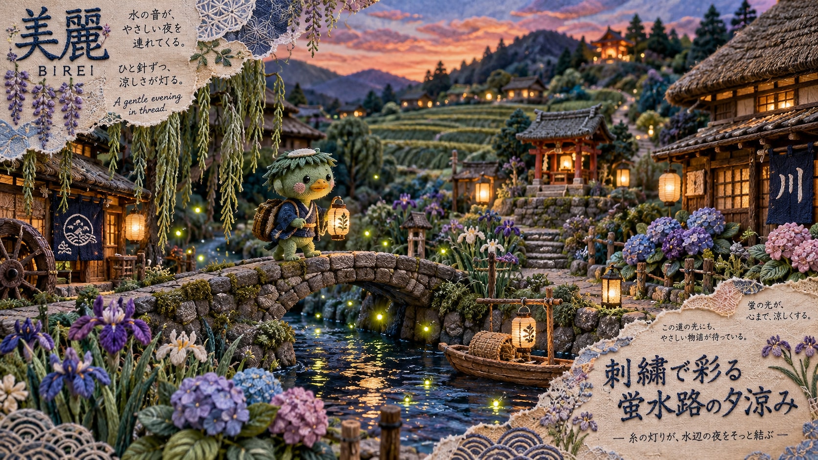 A Gentle Evening Along the Firefly Canal  Stitch by stitch, a quiet evening takes shape.  Beneath th | の人気AIイラスト・グラビア