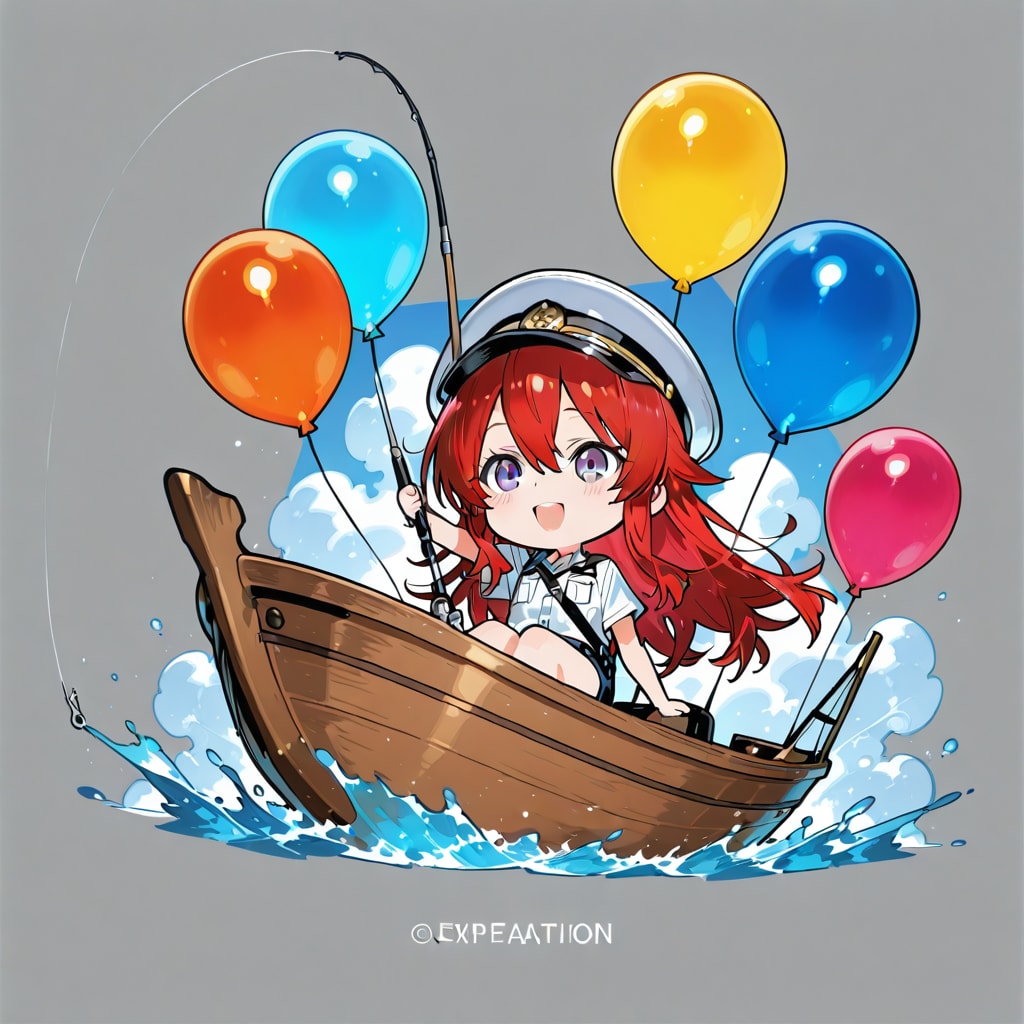 色とりどりの風船を持つ赤い髪ロングの漁師の船長の美女。