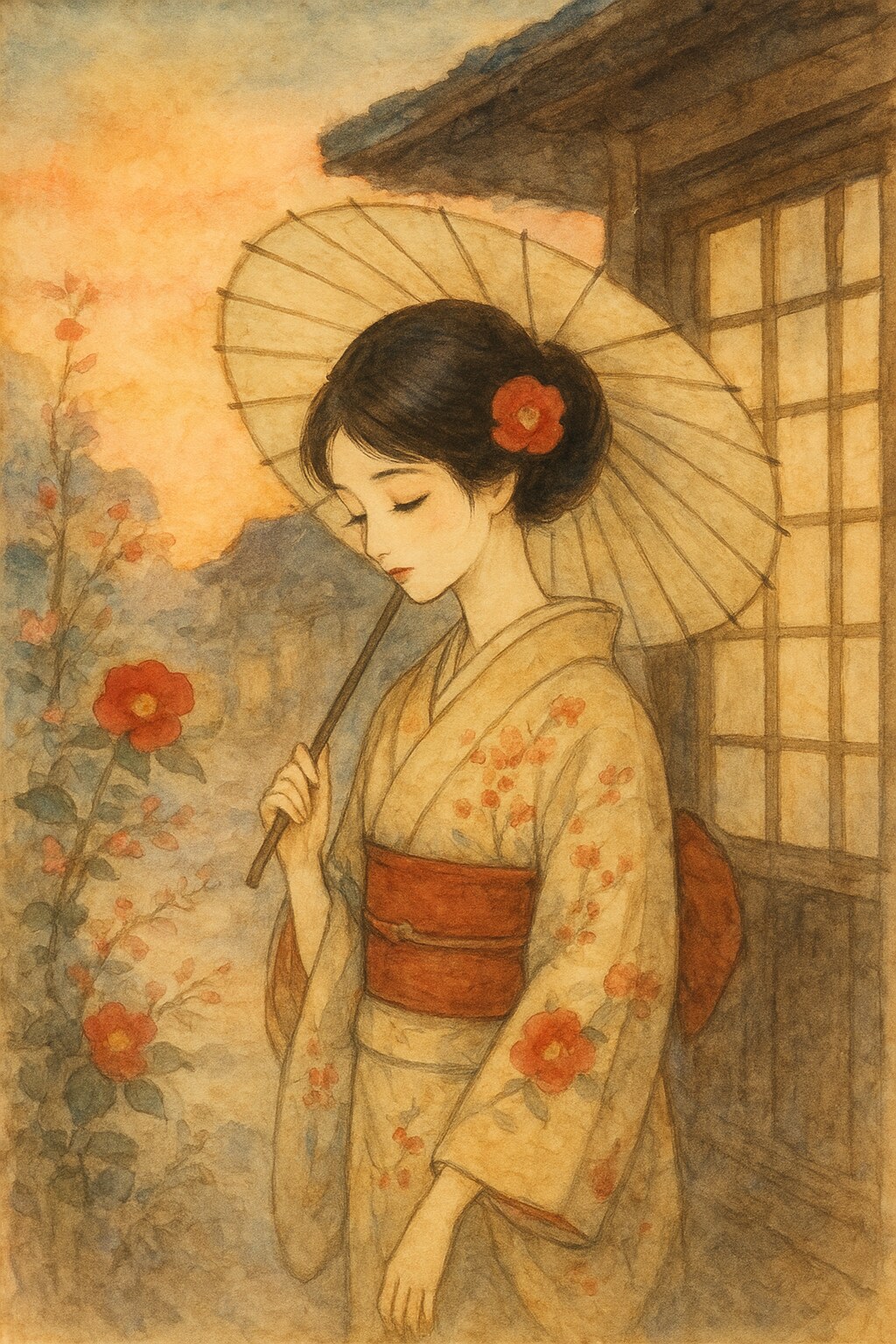 「夕暮れの街角に立つ女性」