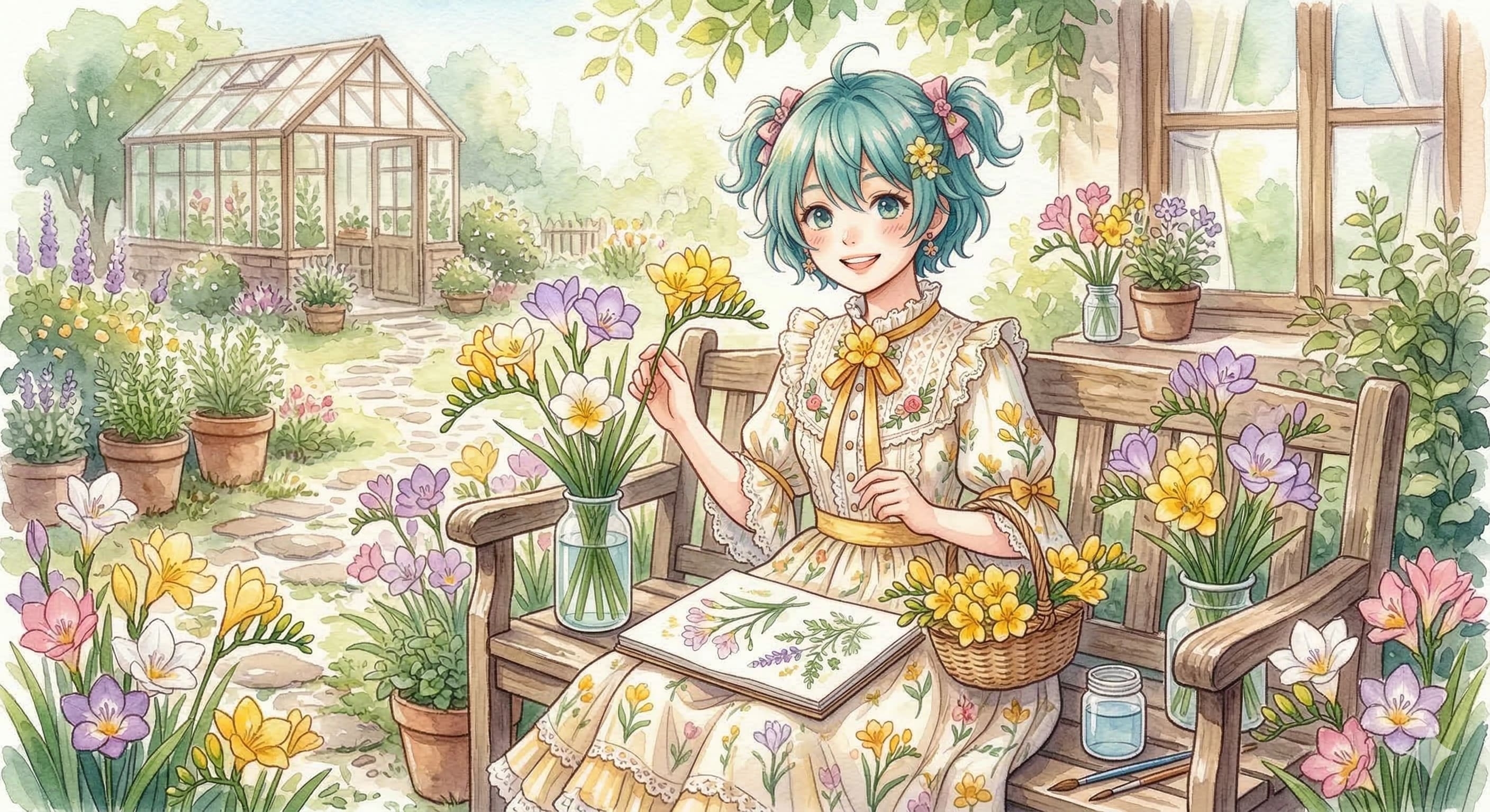 水彩画ミクさん　フリージアの香りと甘い期待 | の人気AIイラスト・グラビア