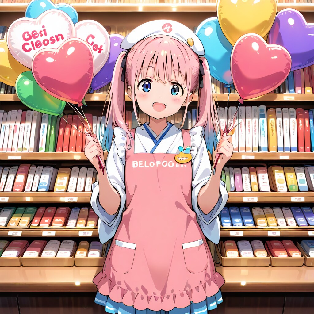本屋さんでいっぱい風船を持つピンク髪ツインテールの本屋さんの美女店員さん | の人気AIイラスト・グラビア