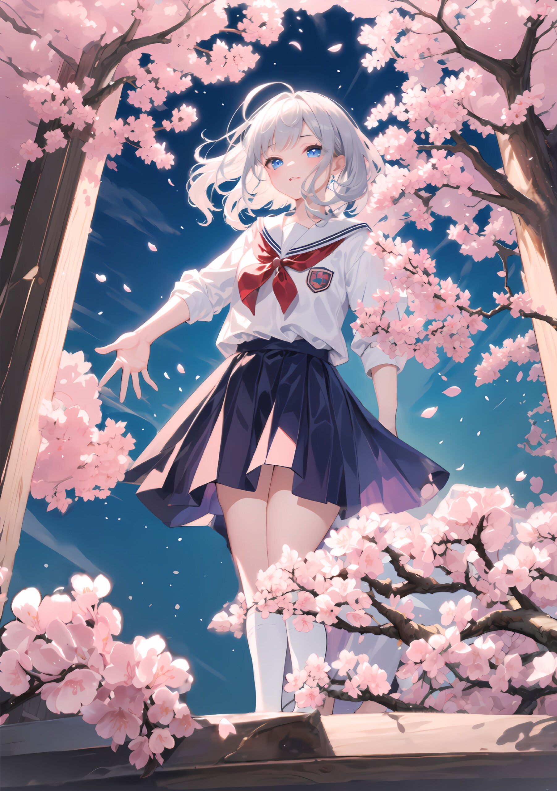 ちちぷいグリモワール掲載イラスト「銀髪少女に桜舞う」