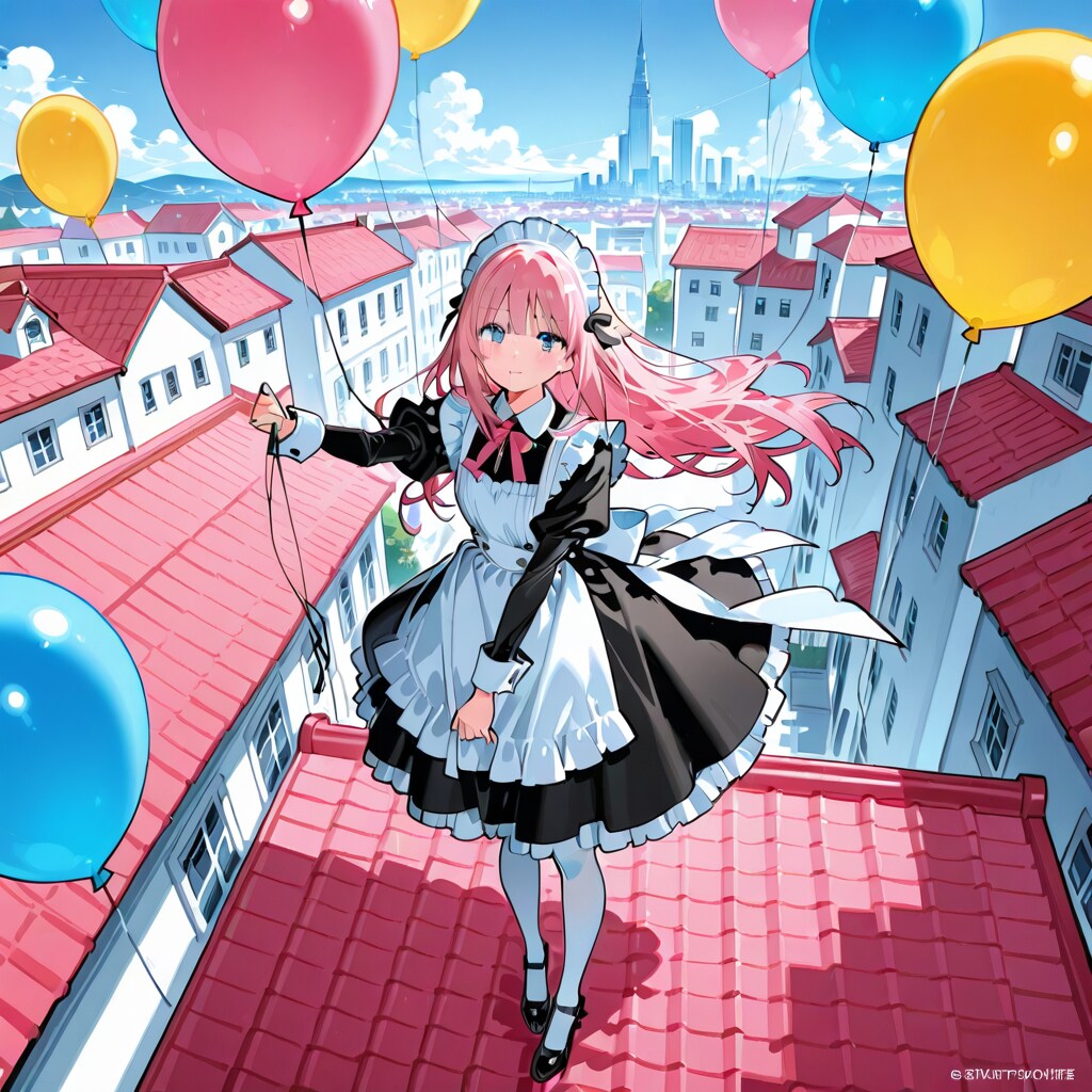いっぱい色とりどりの風船を持つピンク髪ロングのメイド服着た美女