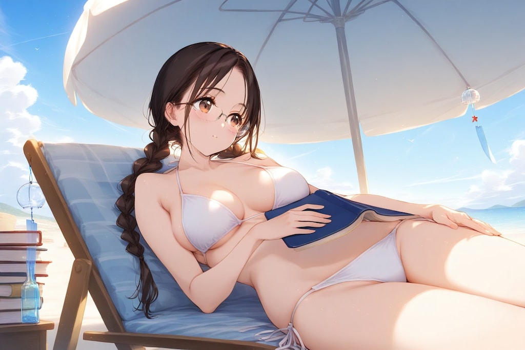 浜辺で読書しおりさん