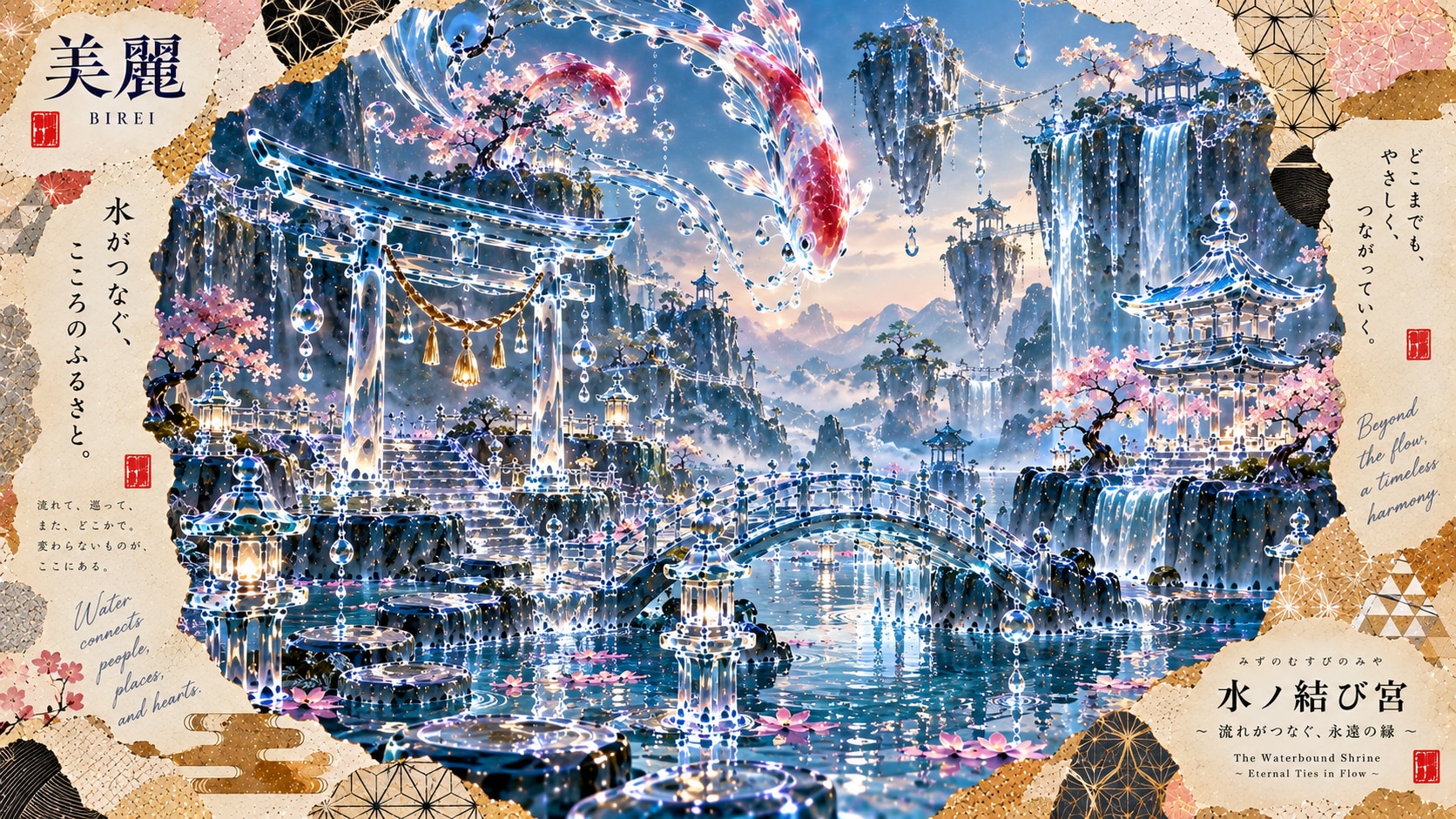 A koi made of water and light, soaring above a shrine woven entirely of flowing water.  Water connec | の人気AIイラスト・グラビア