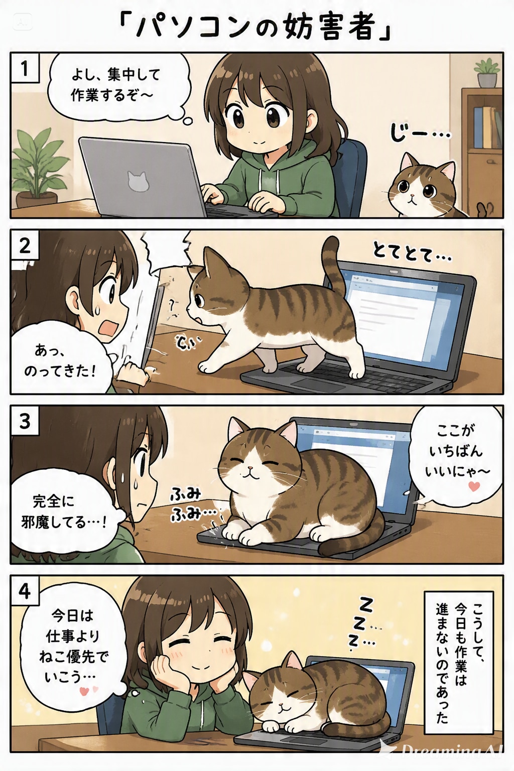 『四コマ。題名「パソコンの妨害者」。』