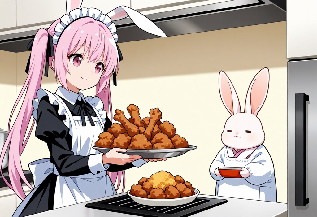 卯茶伝ライカさんに手伝って頂いている摩訶不思議食堂の揚げ物担当な兎シェフ