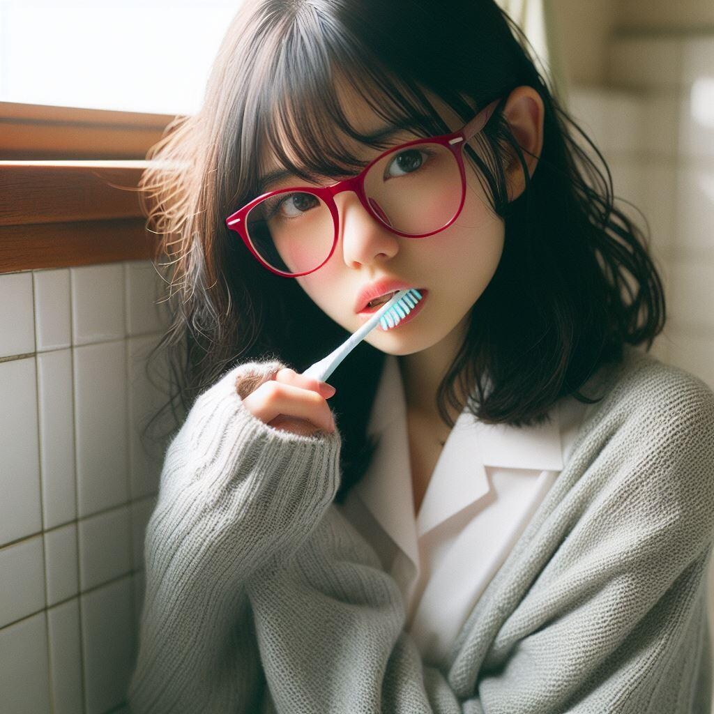 眼鏡女子 楓の朝の歯磨き