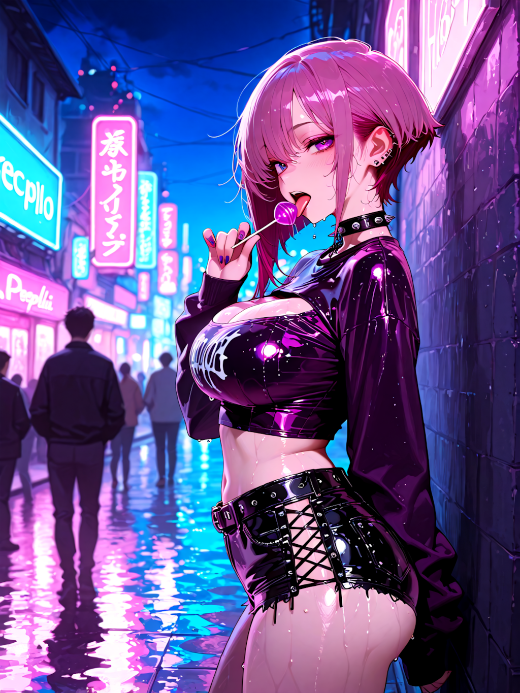 夜のネオン街にたたずむ少女