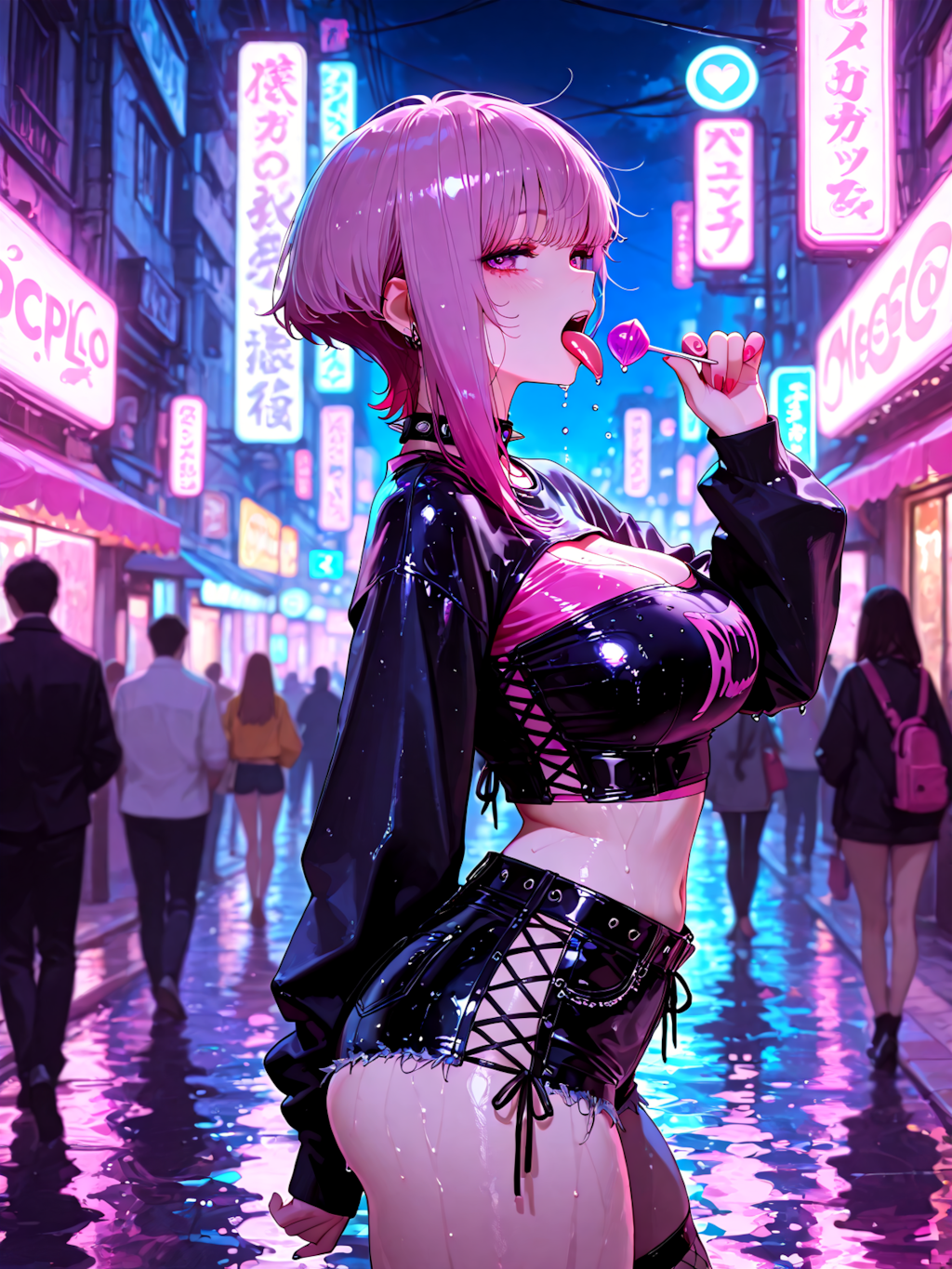 夜のネオン街にたたずむ少女