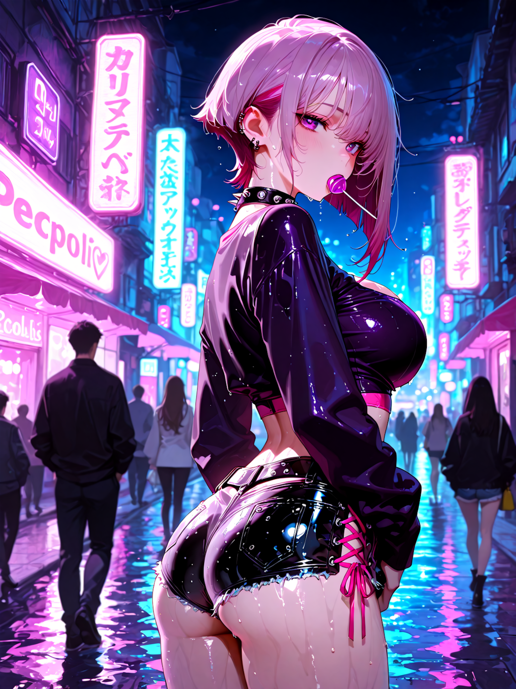 夜のネオン街にたたずむ少女