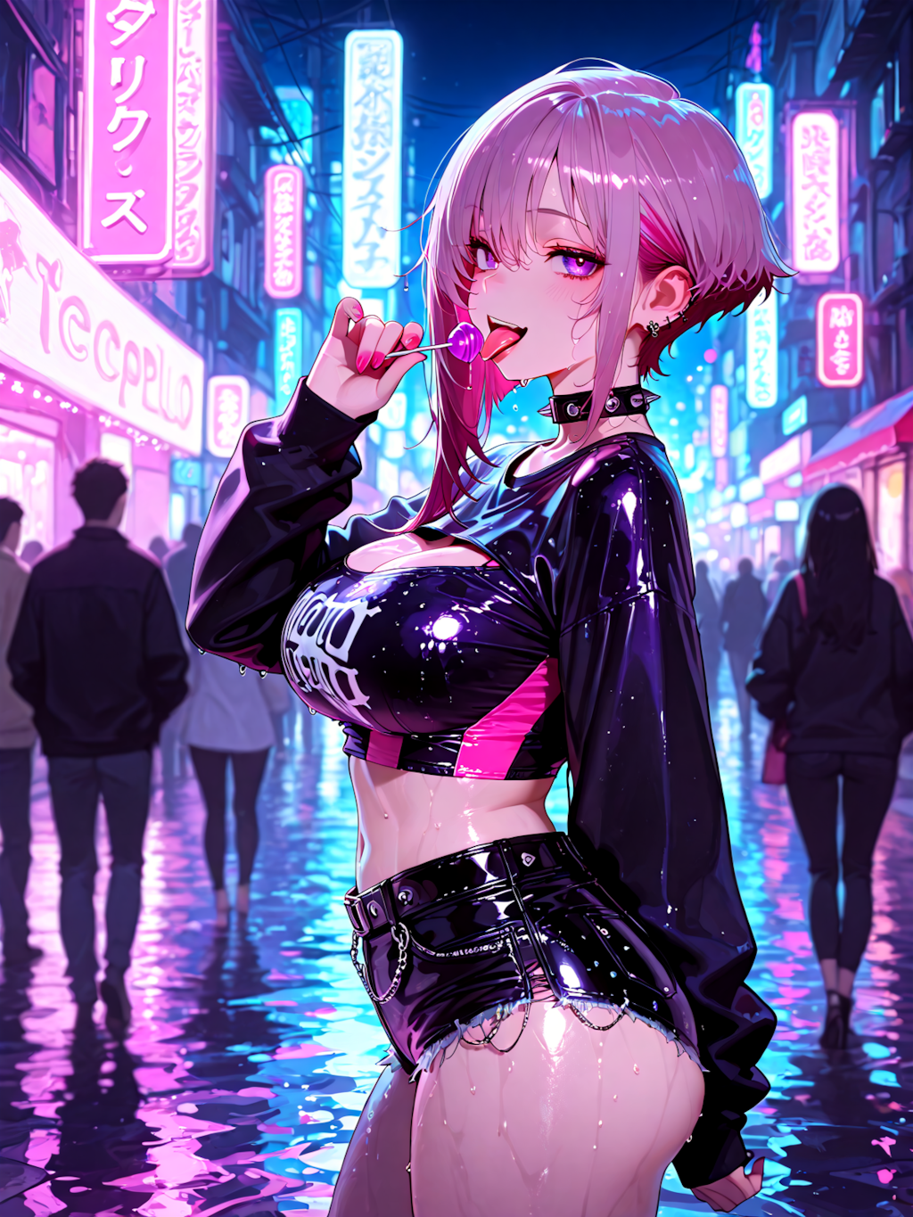 夜のネオン街にたたずむ少女