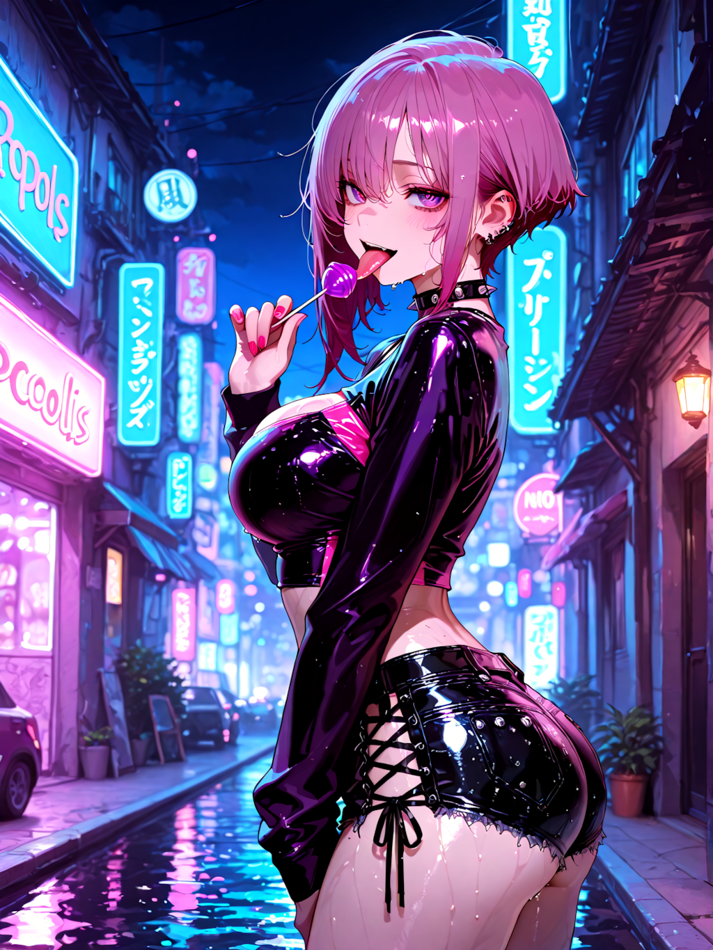 夜のネオン街にたたずむ少女