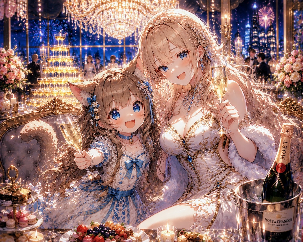 擬人化したお酒の女性と一緒にいる小さな女の子