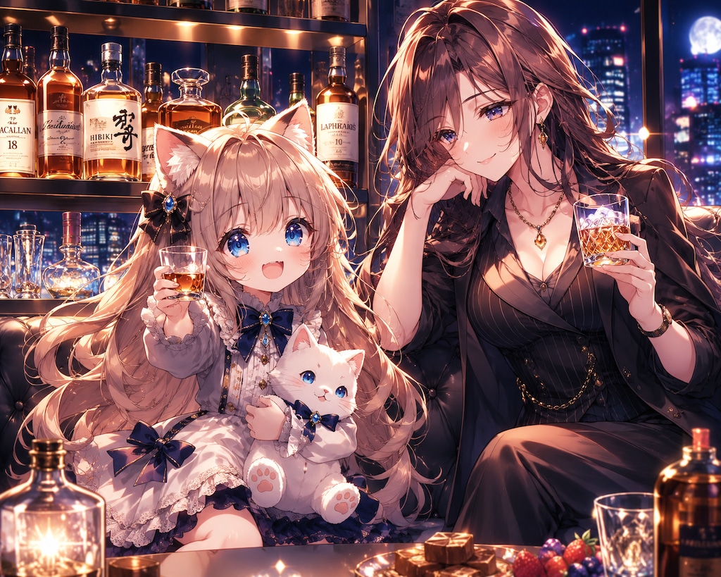 擬人化したお酒の女性と一緒にいる小さな女の子
