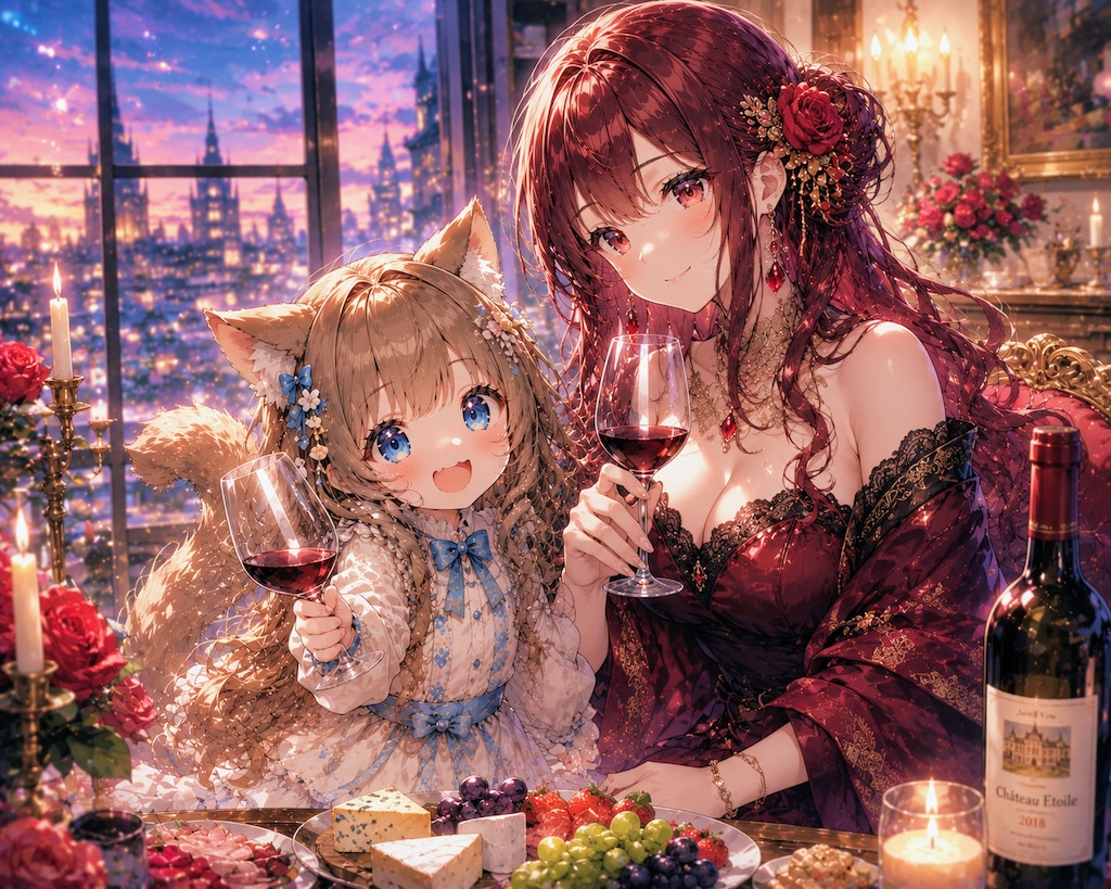 擬人化したお酒の女性と一緒にいる小さな女の子