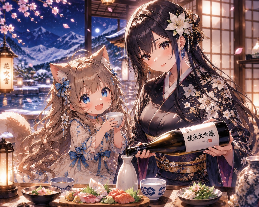 擬人化したお酒の女性と一緒にいる小さな女の子