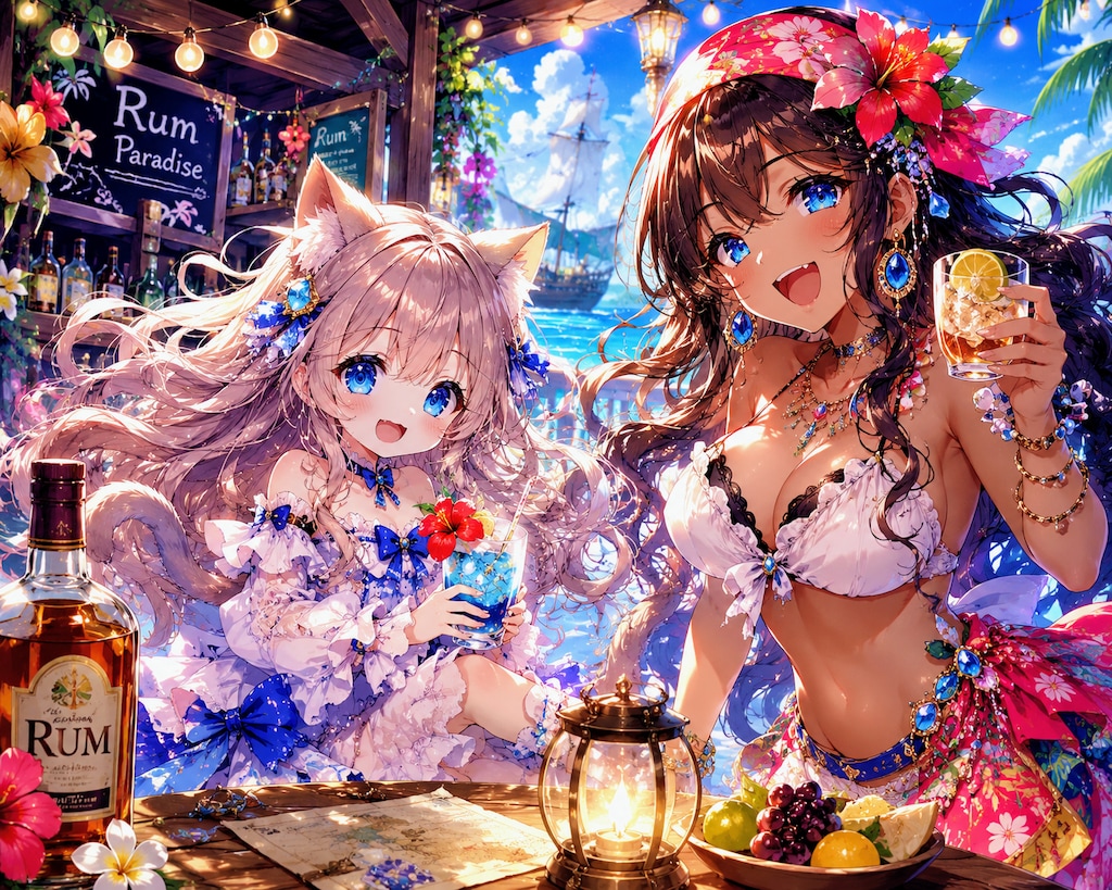 擬人化したお酒の女性と一緒にいる小さな女の子