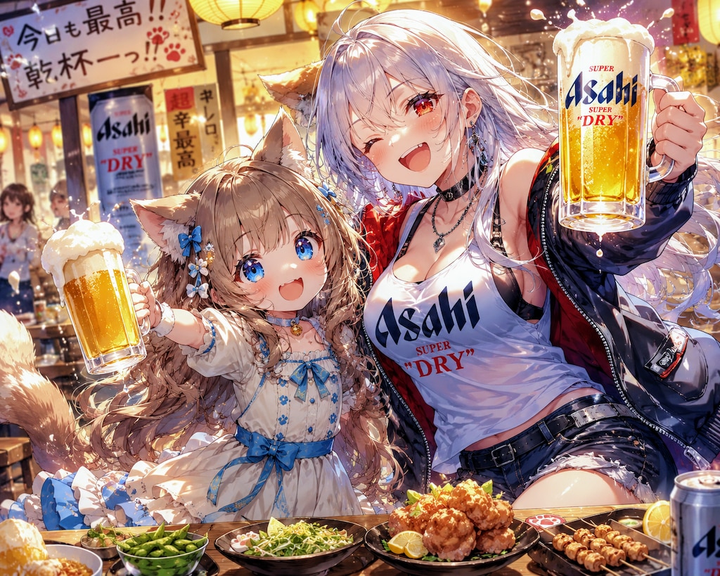 擬人化したお酒の女性と一緒にいる小さな女の子