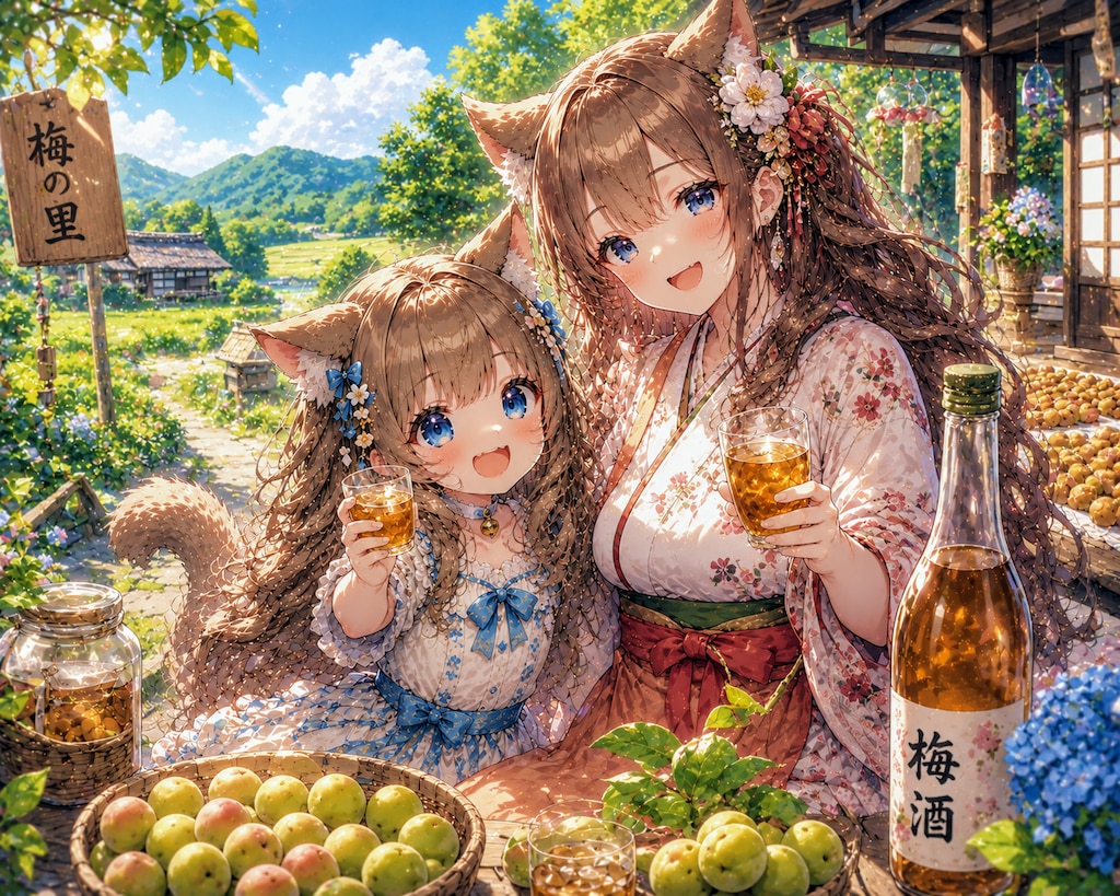 擬人化したお酒の女性と一緒にいる小さな女の子