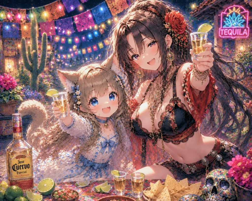 擬人化したお酒の女性と一緒にいる小さな女の子