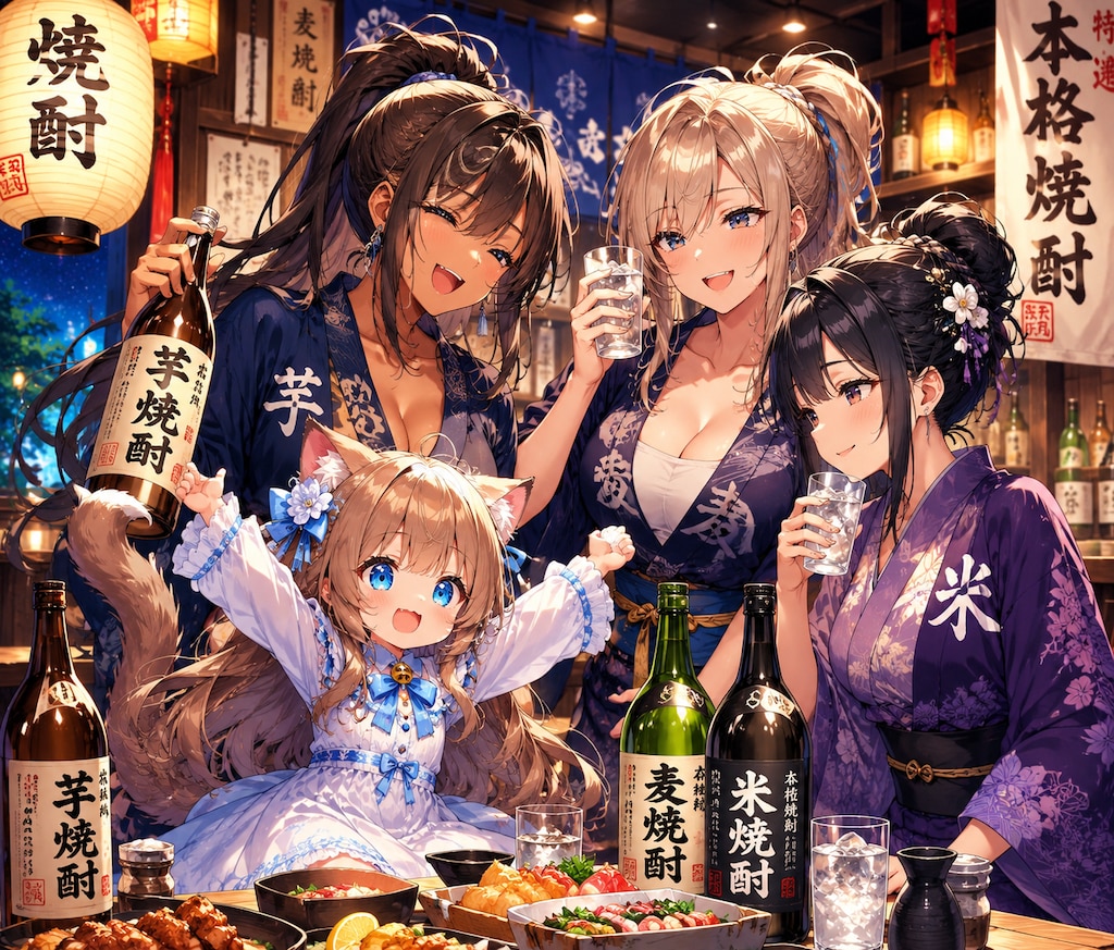 擬人化したお酒の女性と一緒にいる小さな女の子