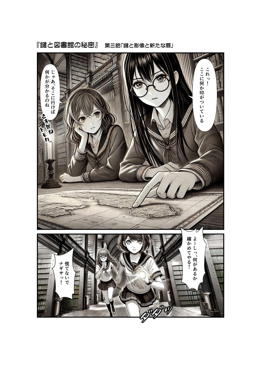 AI漫画『鍵と図書館の秘密.3』第3話「鍵と彫像と新たな扉」