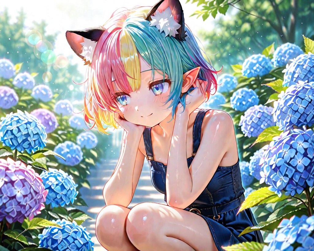 8枚）アジサイとケモ耳エルフさん