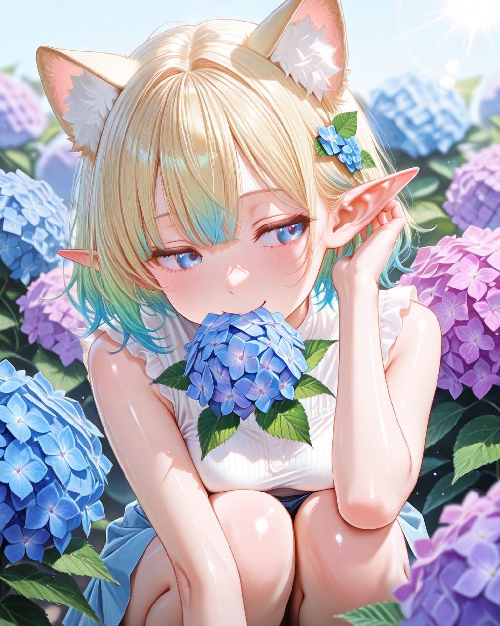 8枚）アジサイとケモ耳エルフさん