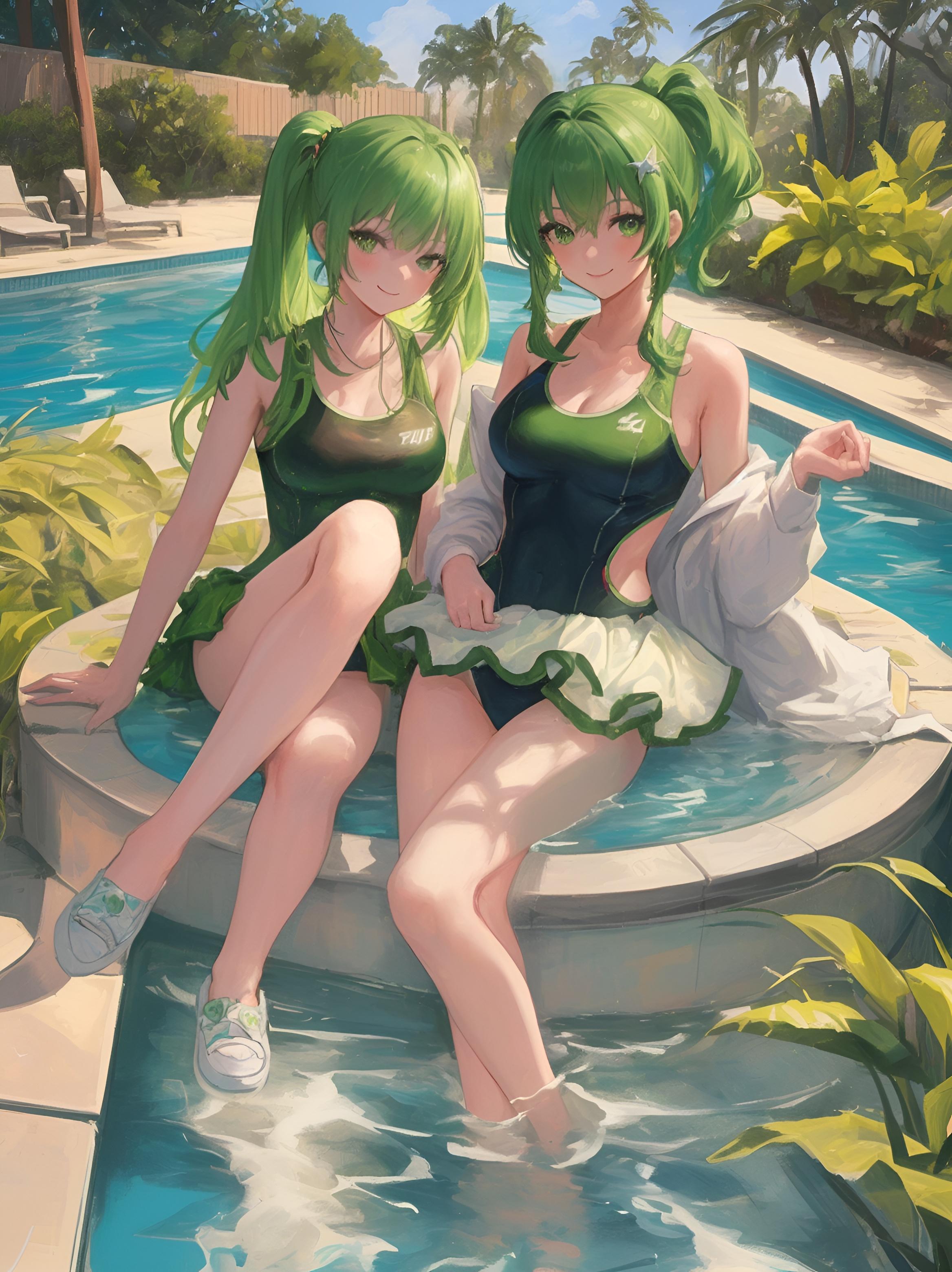 緑髪水着
