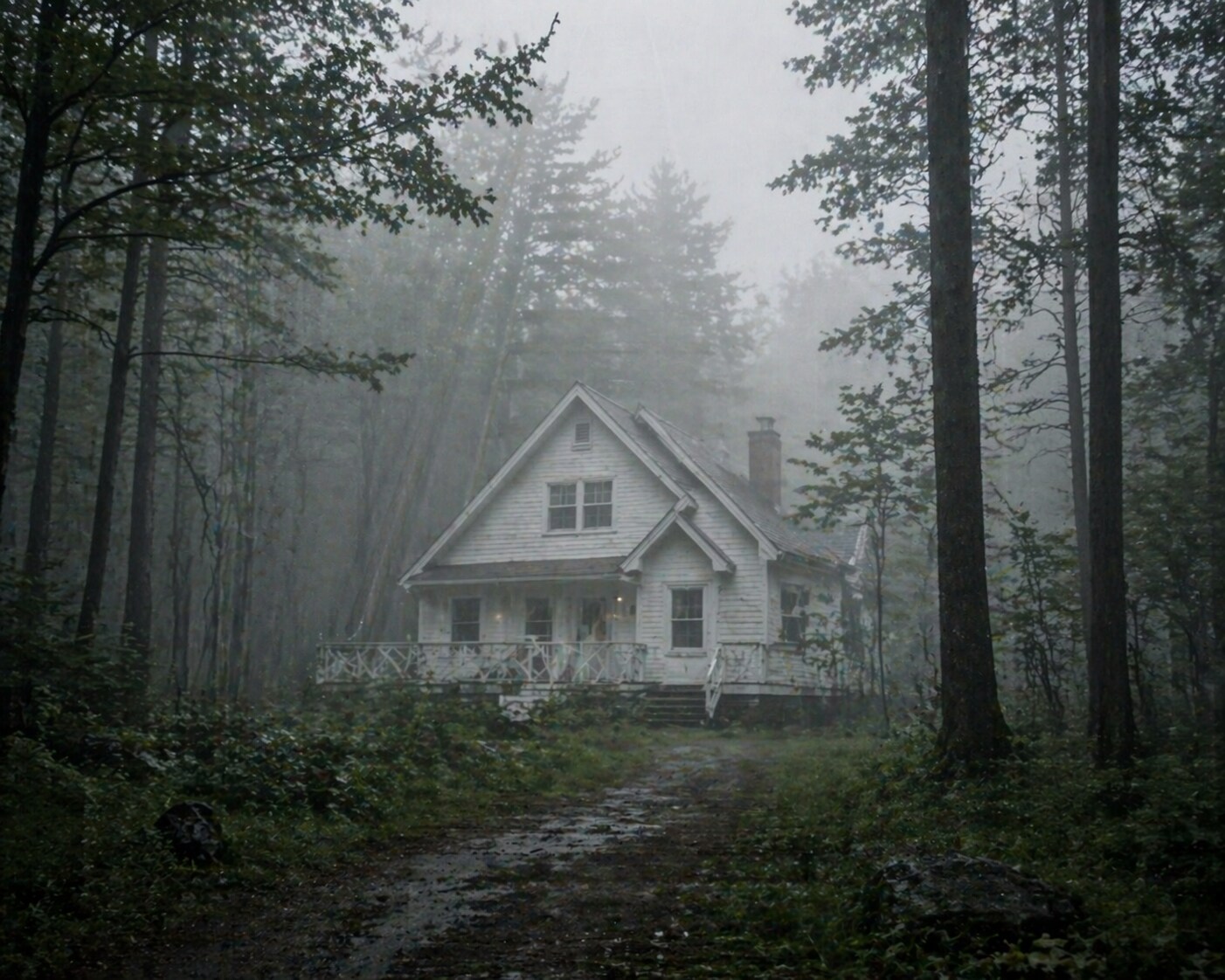 霧の森の中の小屋