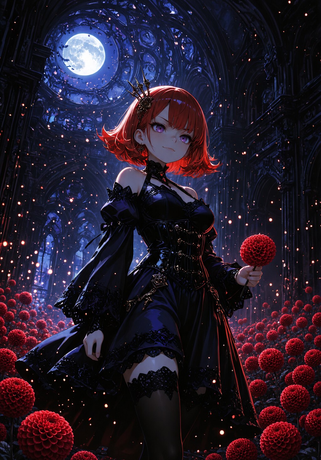 月下に咲く紅のダリア