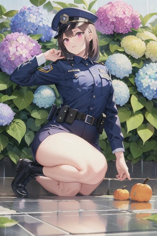 紫陽花と婦警さん
