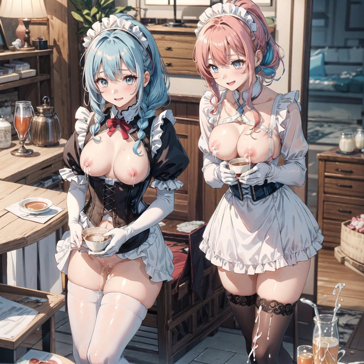 AI母乳画像特集の作品 母乳メイド隊の2人とコーヒータイム
