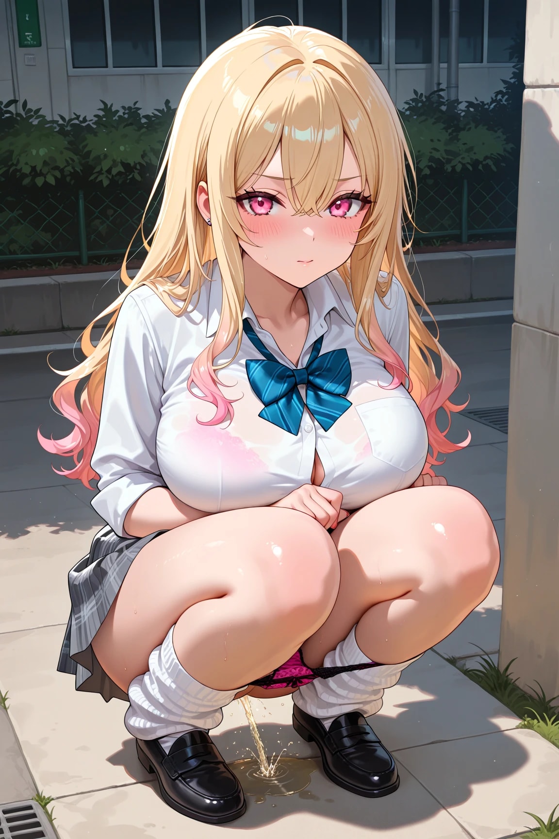金髪ギャルの野外放尿