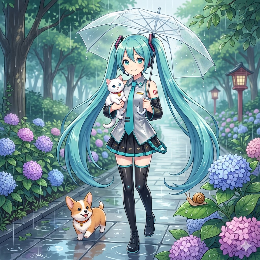雨の公園を散歩するミクさん