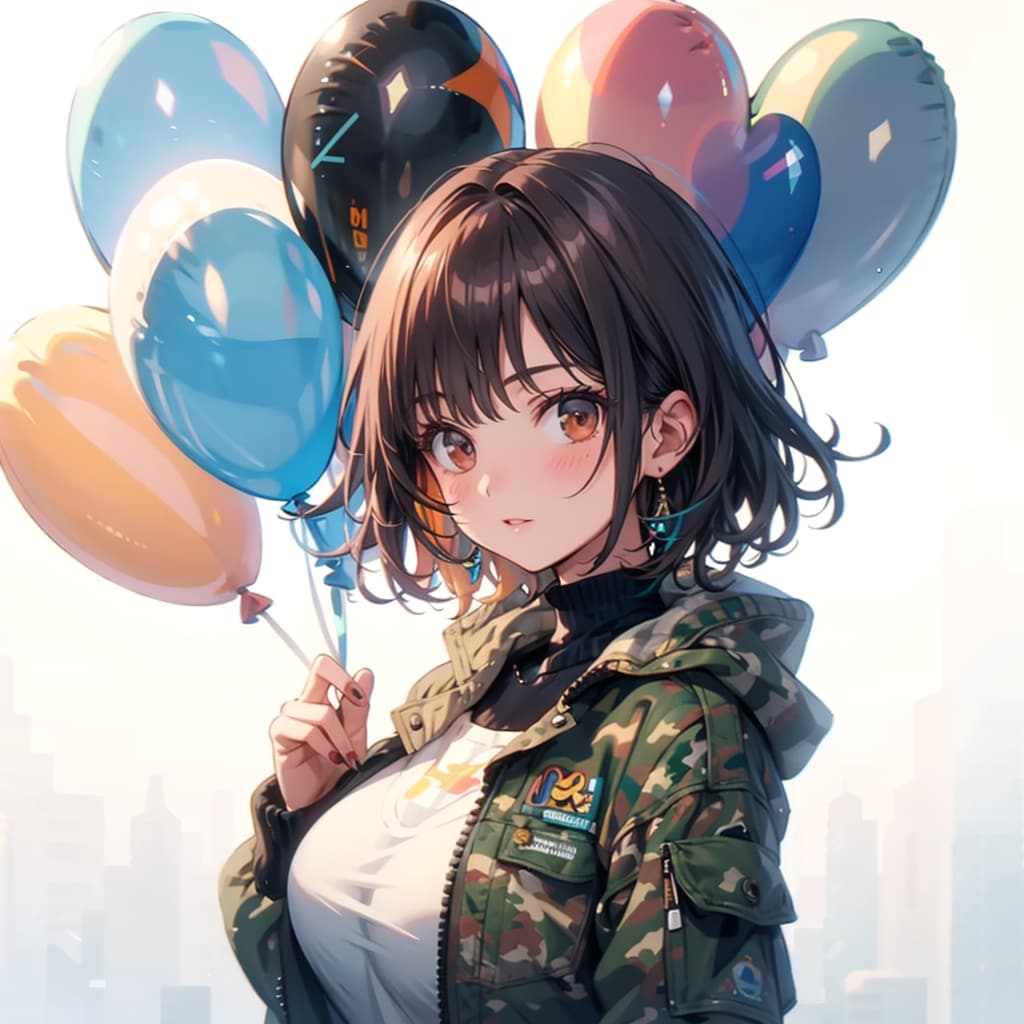 いっぱい風船を持つブラウンショートカットの迷彩服着た美女。 | の人気AIイラスト・グラビア