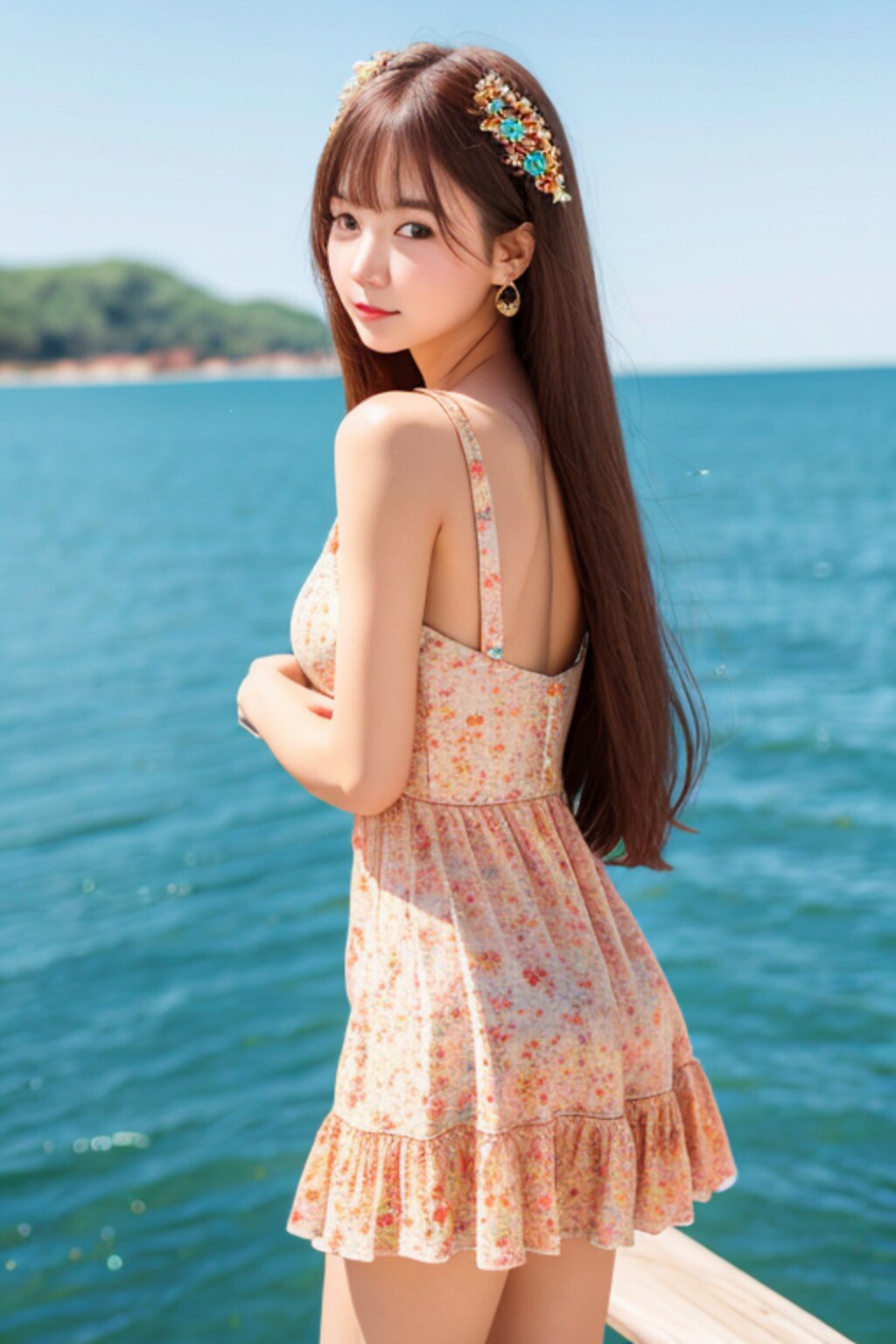 かわいいワンピースの女の子　海で