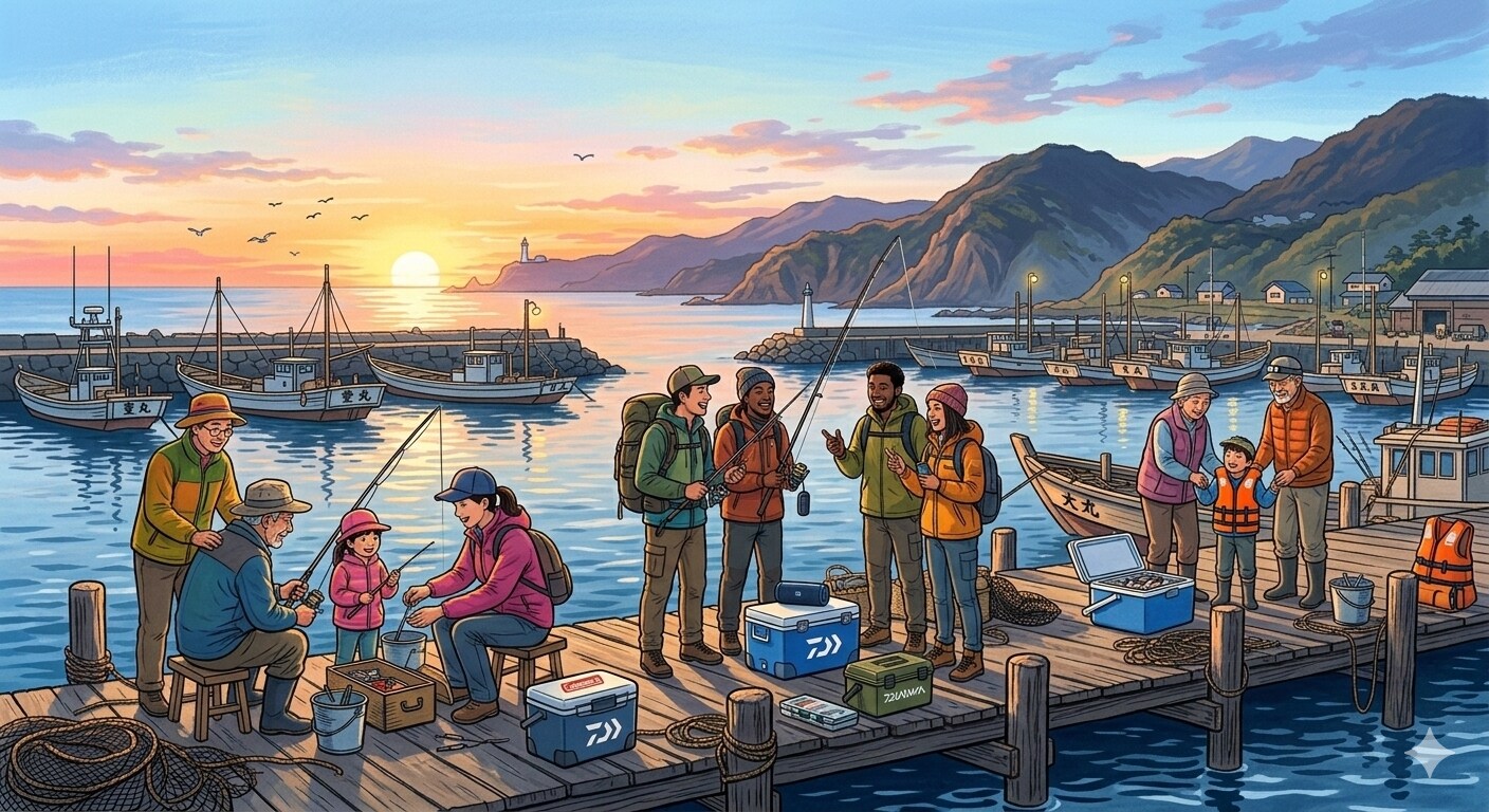 週末の港で早朝から釣りをする人々 | の人気AIイラスト・グラビア