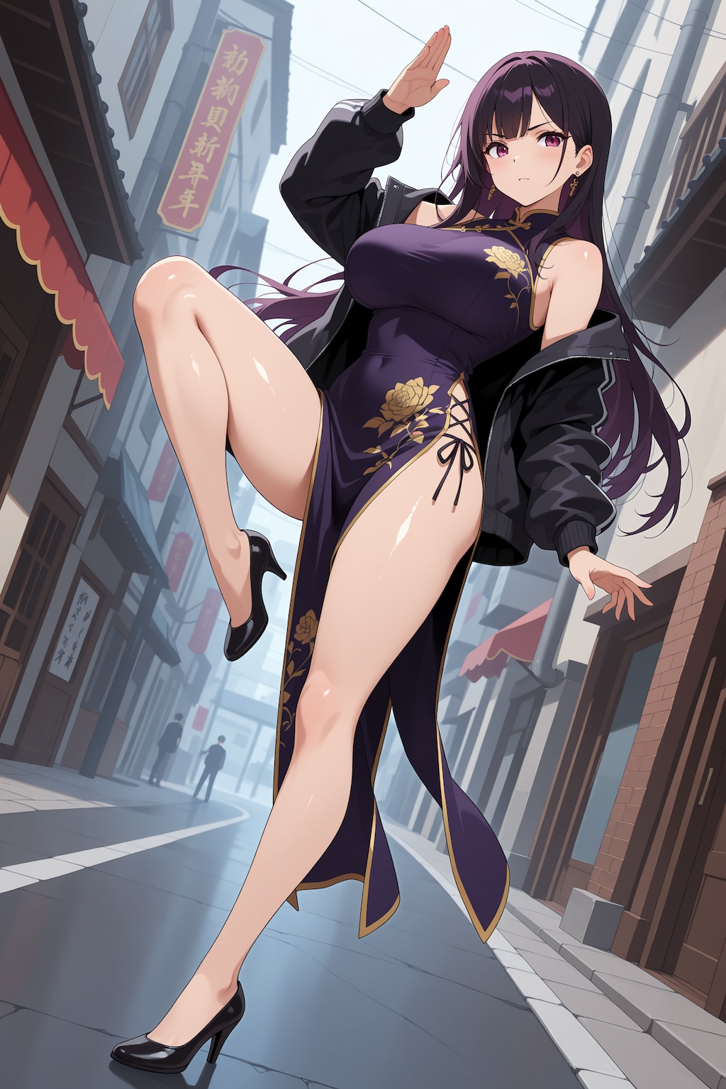 チャイナドレスとファイティングポーズ