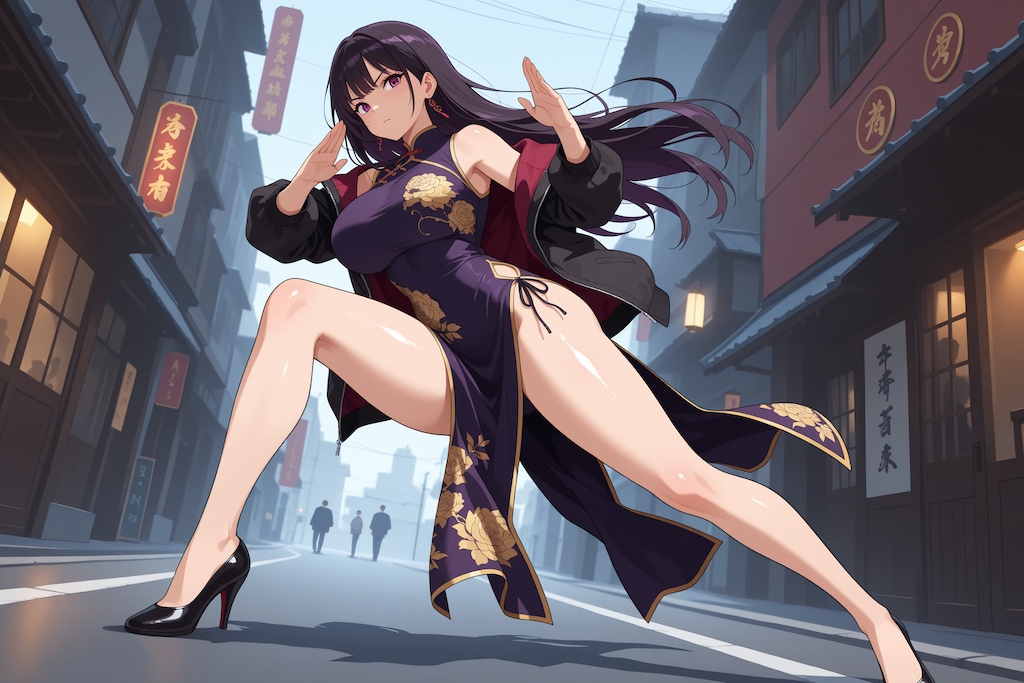 チャイナドレスとファイティングポーズ