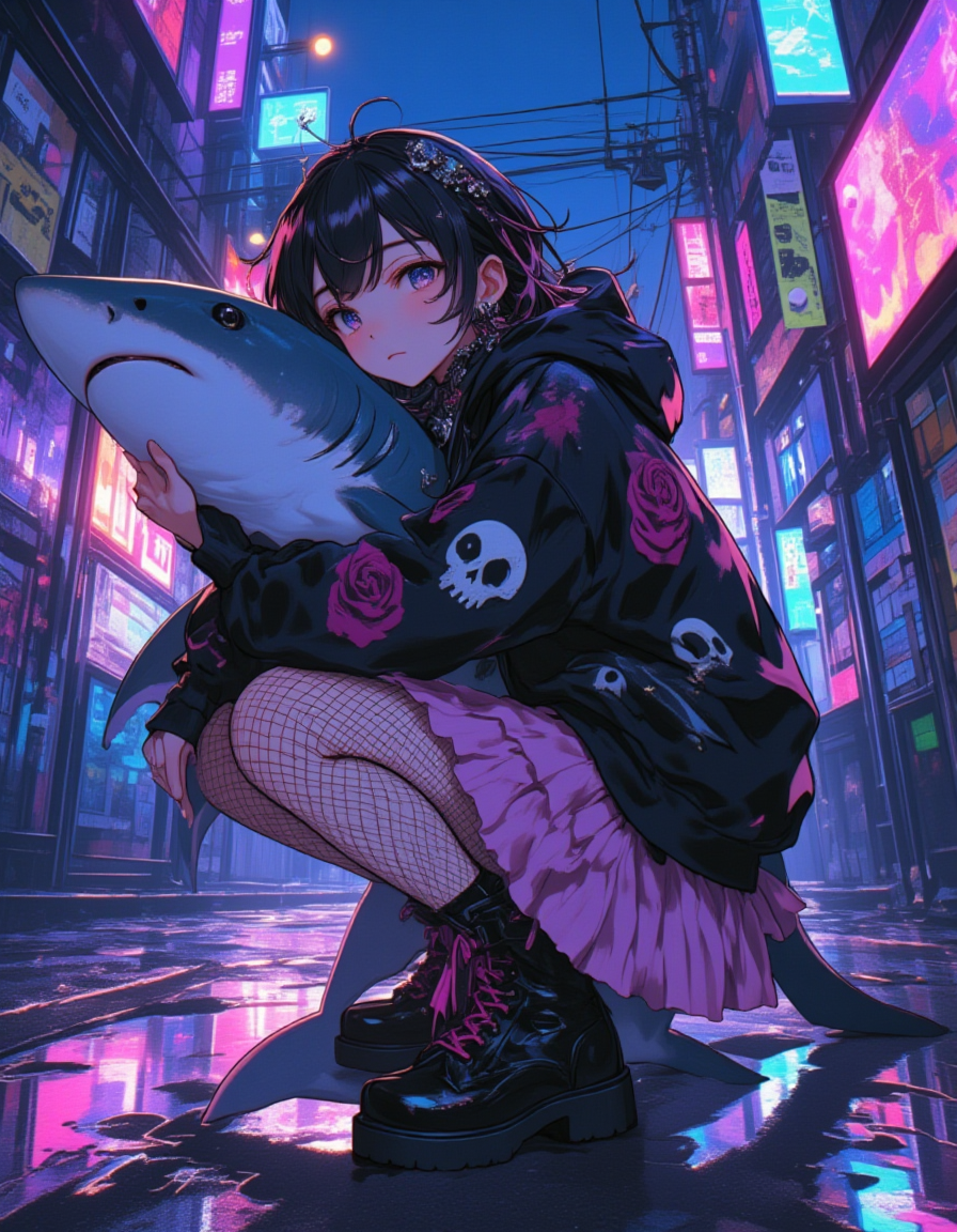 23歳サメと反逆の少女：ネオンアレイの抱擁 | の人気AIイラスト・グラビア