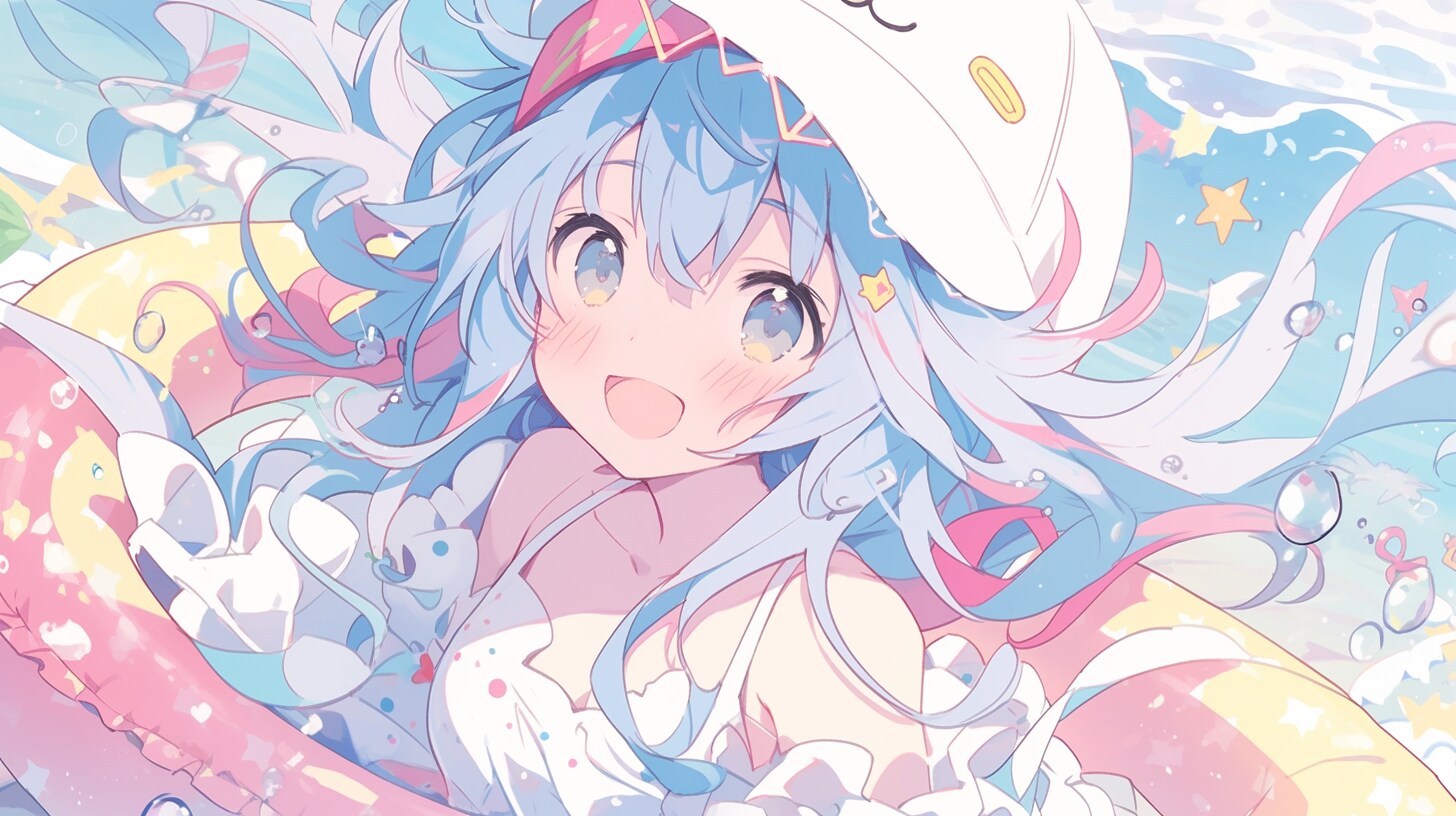 虹色の浮き輪で夢見る夏の少女