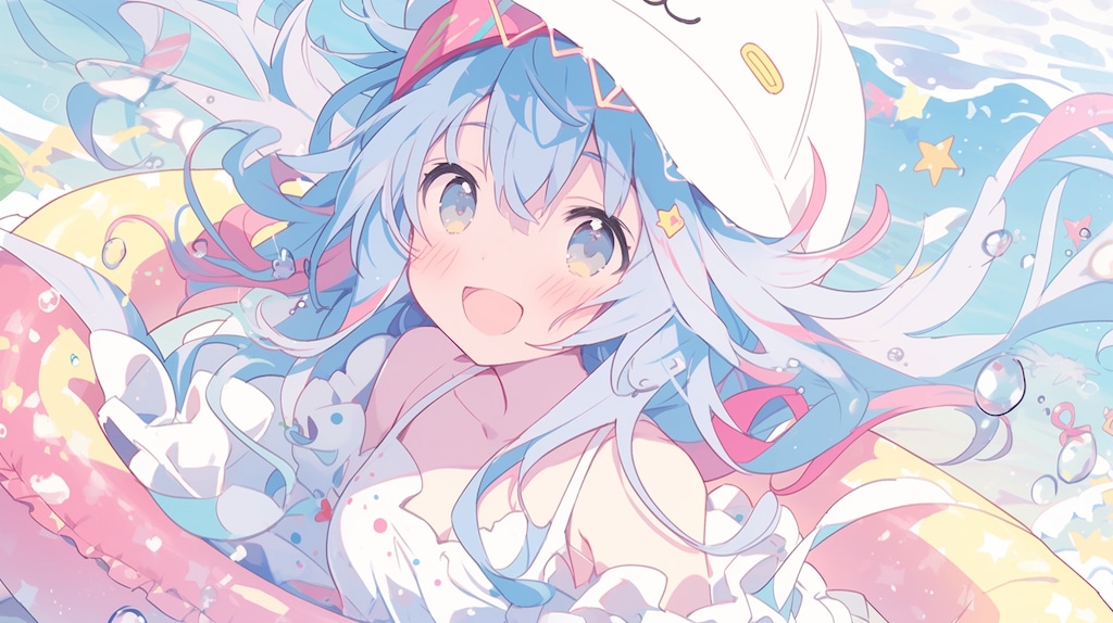 虹色の浮き輪で夢見る夏の少女