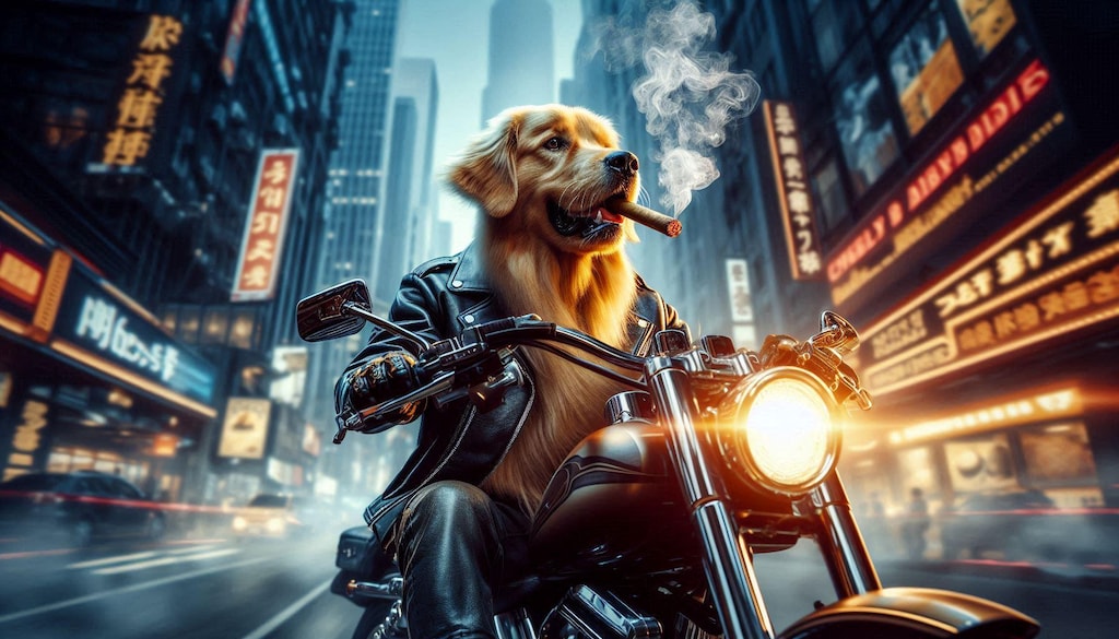 ハーレーを運転するゴールデンレトリバー